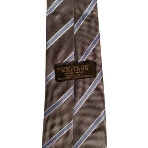 Kailong Hand Made Silk Tie Blue White Diagonal Stripe Micro Pattern Navy Gray